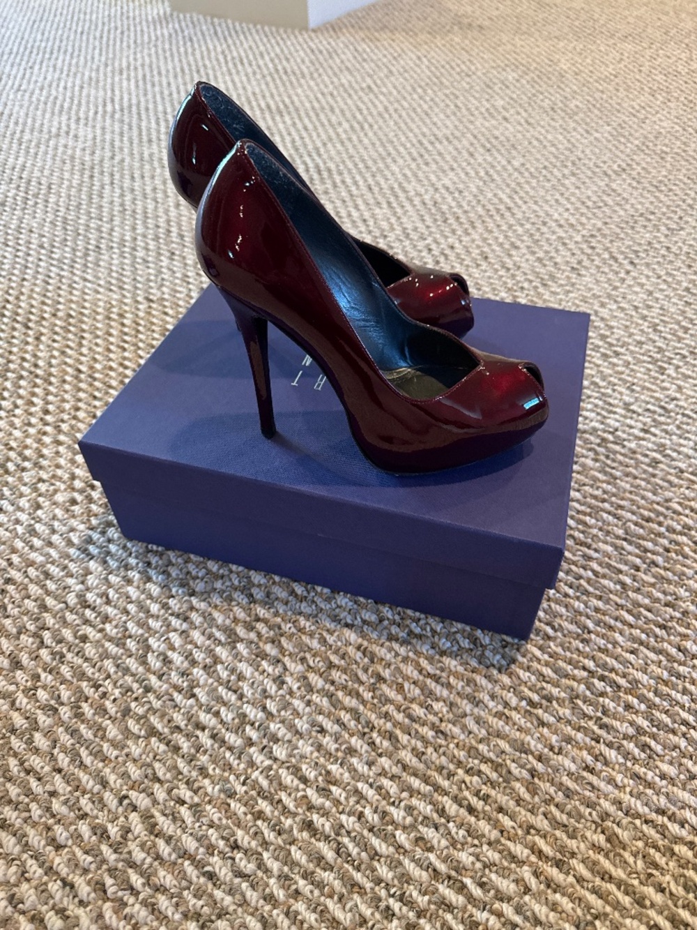 Stuart Weitzman burgundy patent leather stilettos